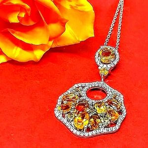 Natural Citrine & Cz 14K White‎ Gold on 925 Sterling Silver Necklace